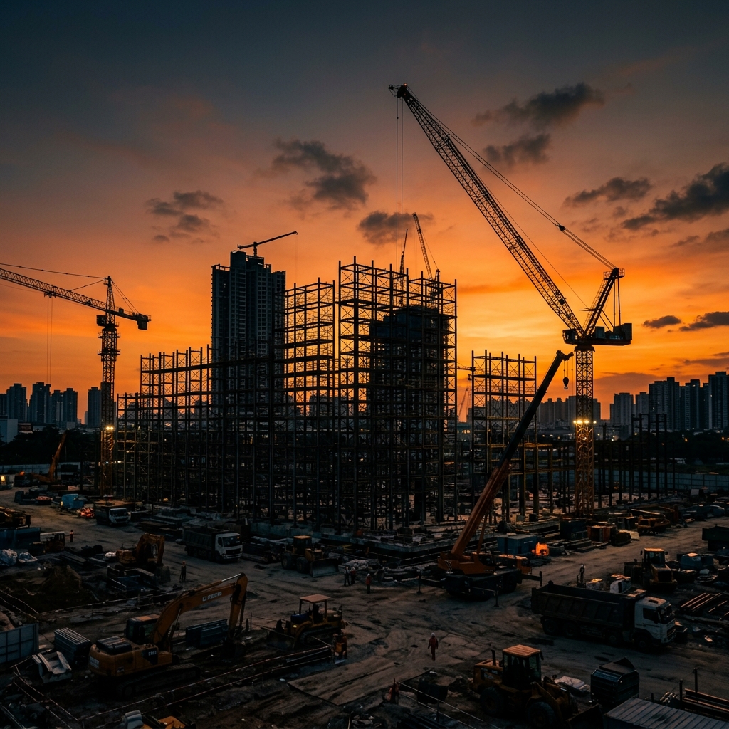 Construction site with steel scaffolding