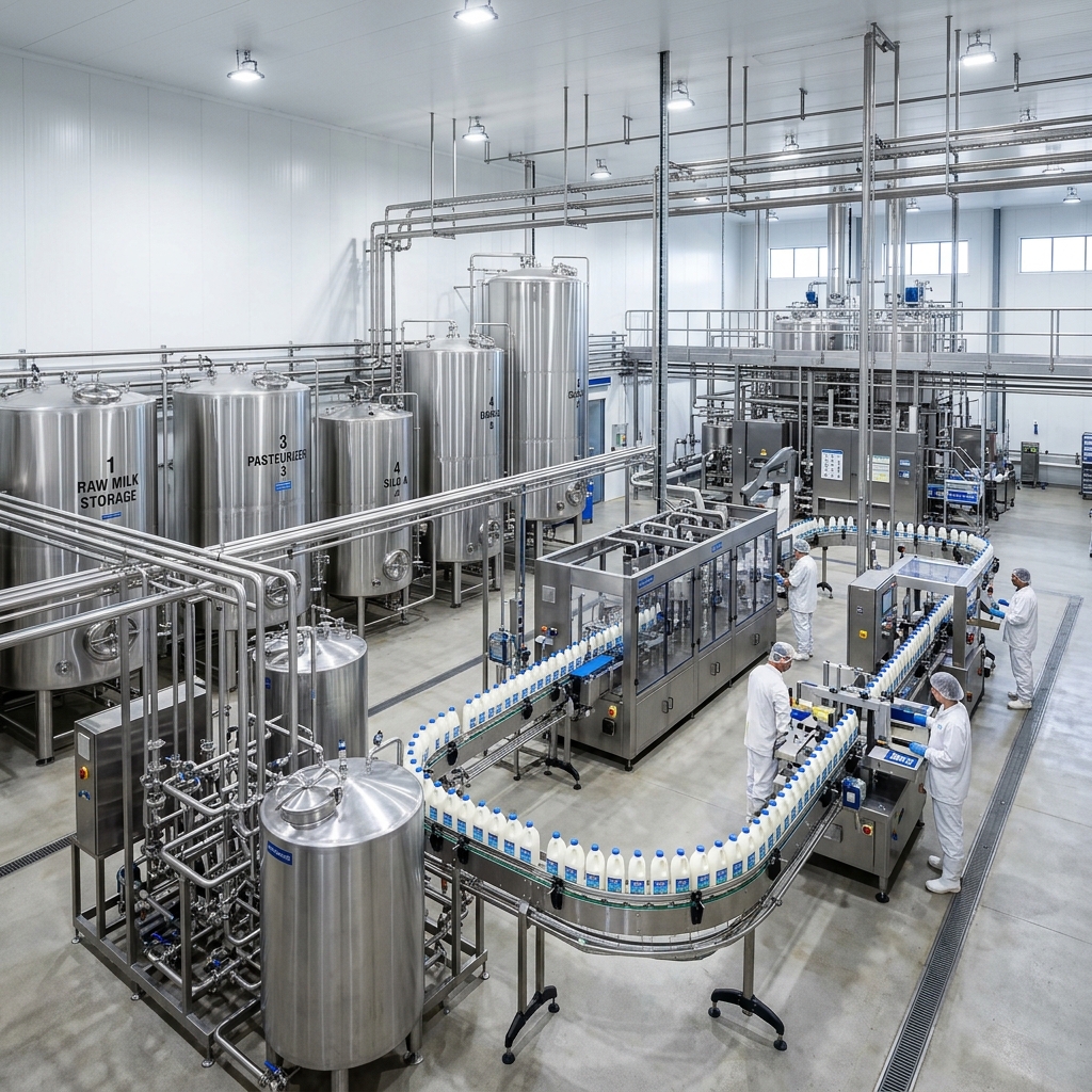 Dairy processing plant with stainless steel tanks