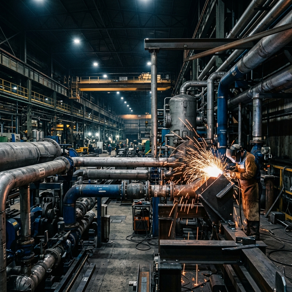 Industrial manufacturing facility with heavy machinery and welding sparks